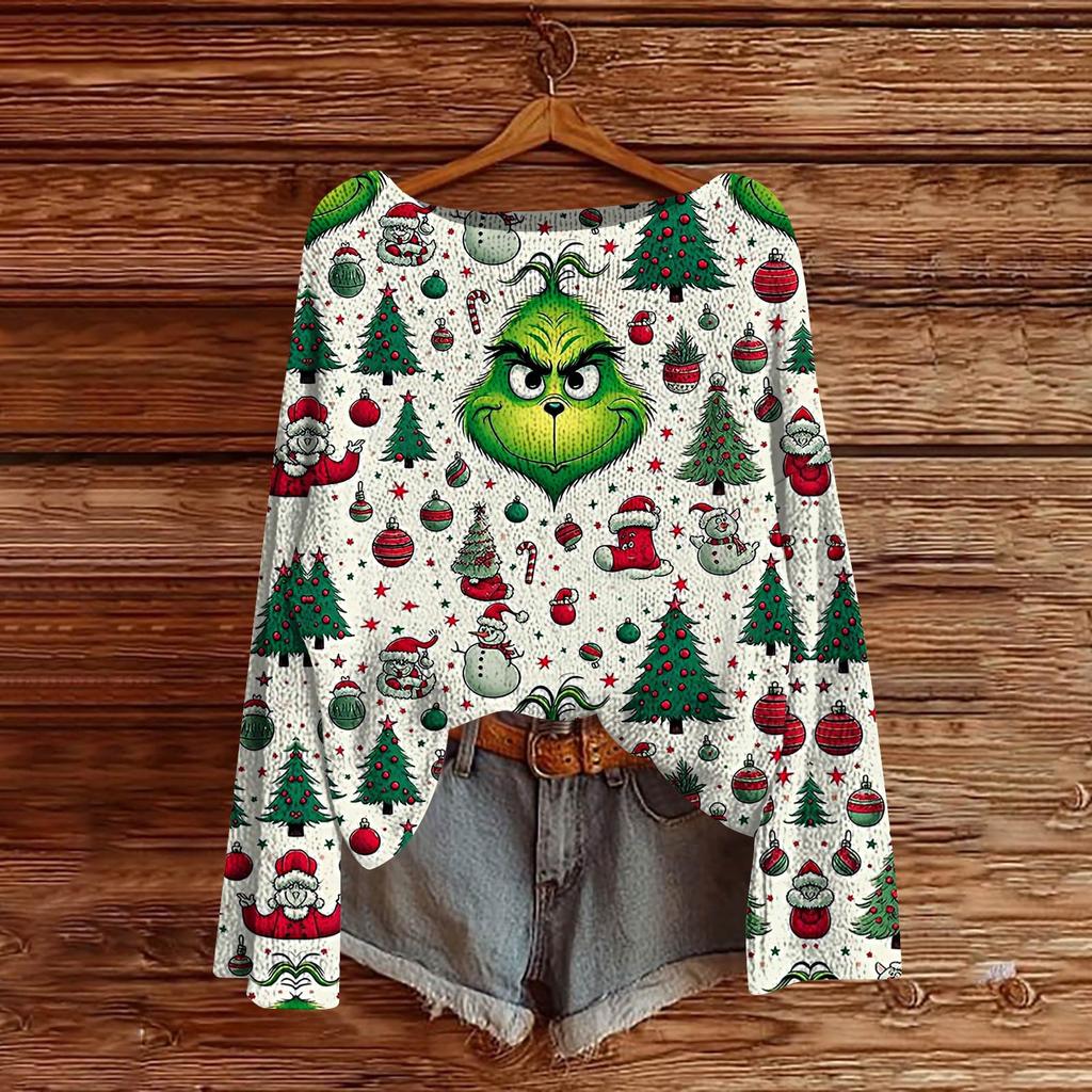 Women's Fashion Christmas Print Lightweight Sweater Casual Long-Sleeve Knit Pullover Top