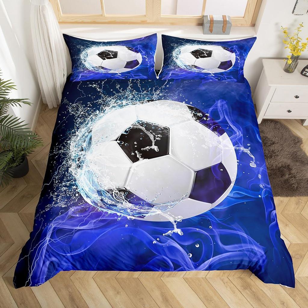 Cartoon Soccer Duvet Cover Set Printed Football Bedding Sets For Kids Boys Girls Bedroom Decor Sports Theme Comforter Cover Set