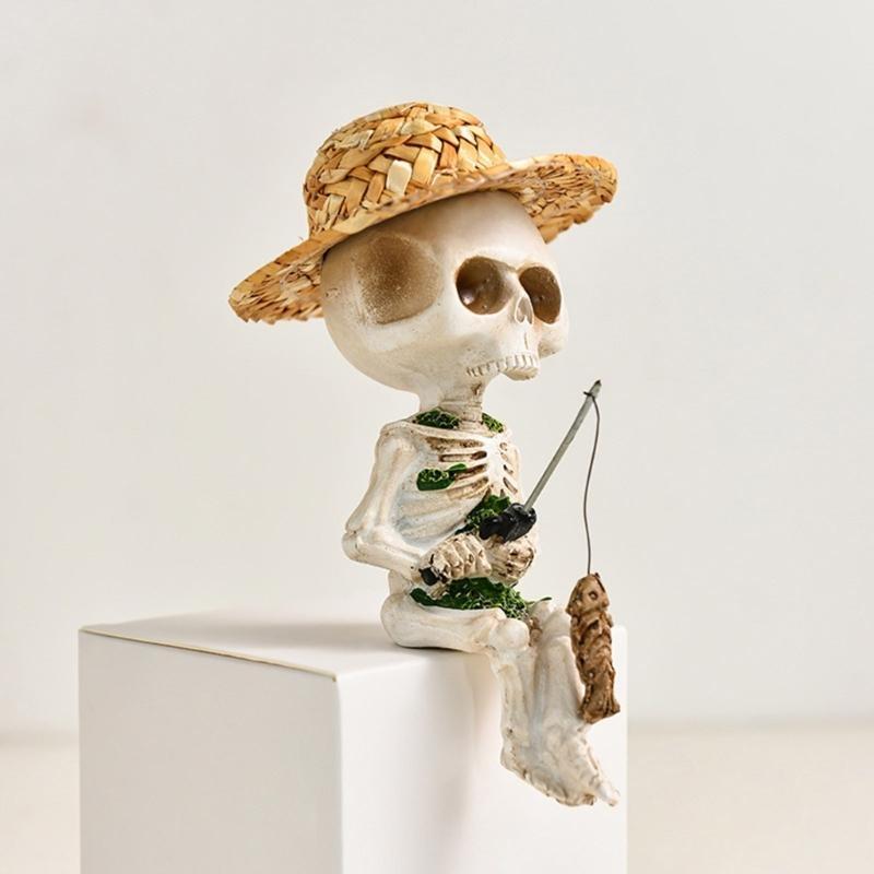 J0MC Resine Scheletro Pescatore Ornamento Miniatura per Accento Unico Giardino di Halloween