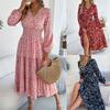 Damen V-Ausschnitt Blumenmuster Langarm Hohe Taille Stufen Saum mit Rüschen A-Linie Maxikleid Lässiges Sommerkleid