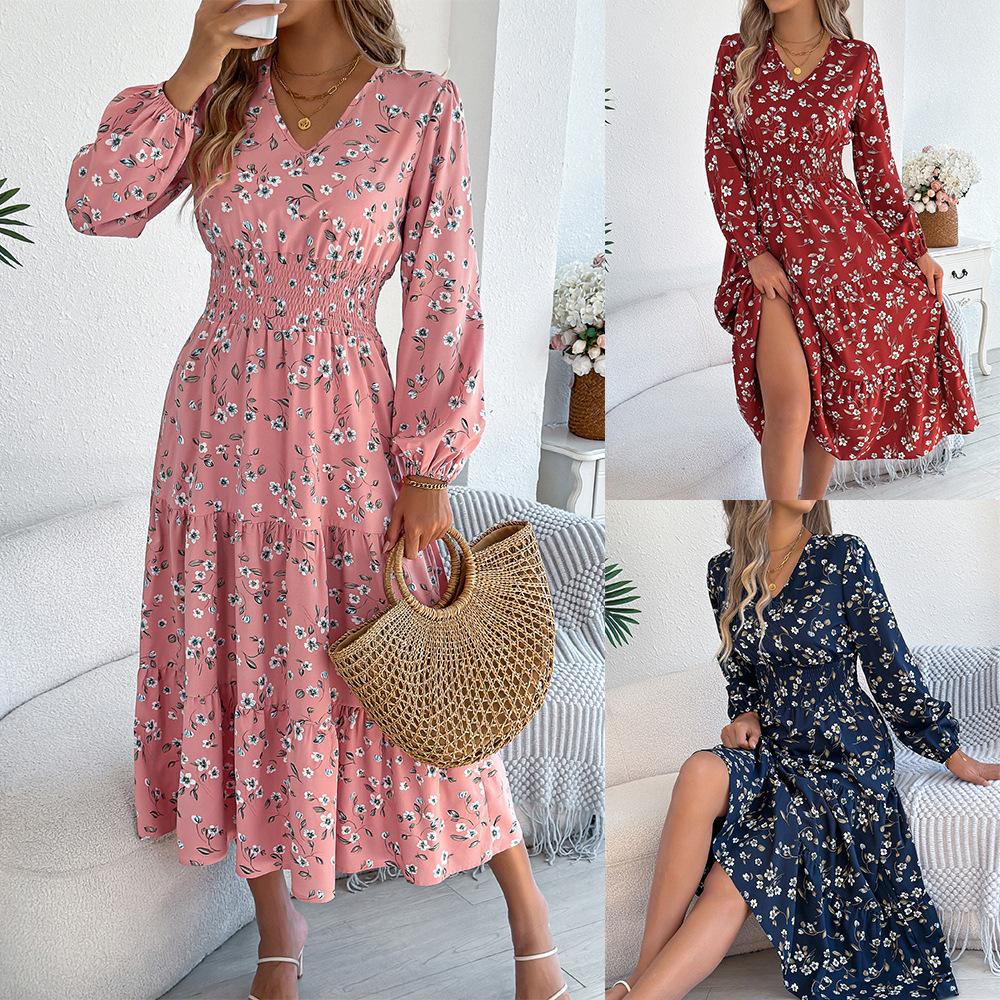 Women Elegant Floral V Neck Long Sleeve High Waist Ruffled A Line Long Dress