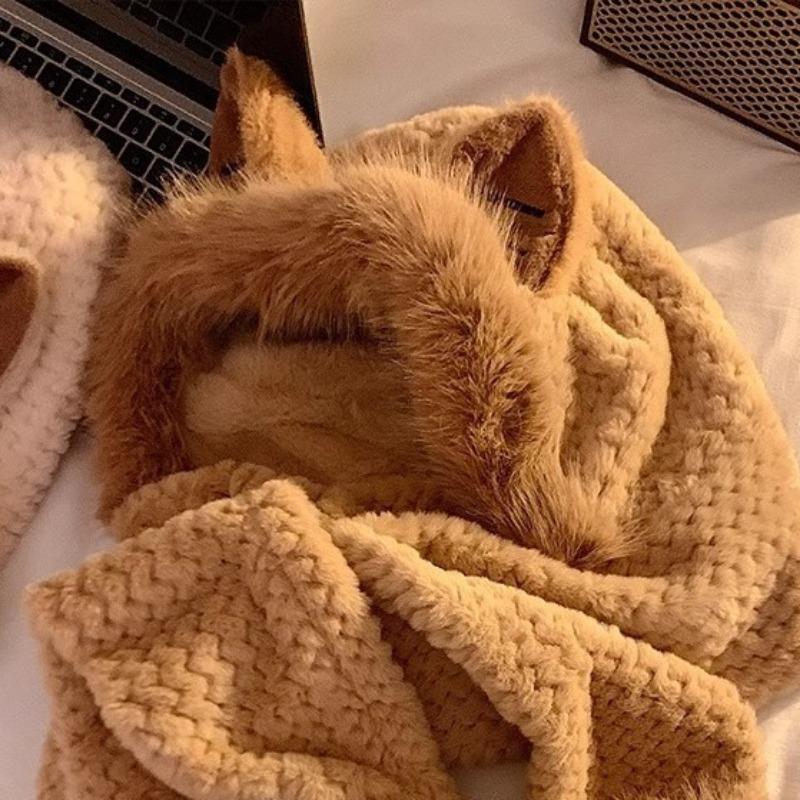 Cute Fox Ears Plush Hat Scarf Integrated Women's Winter Warmth and Cold Protection Ear Protection Thickened Gloves Three-piece Set