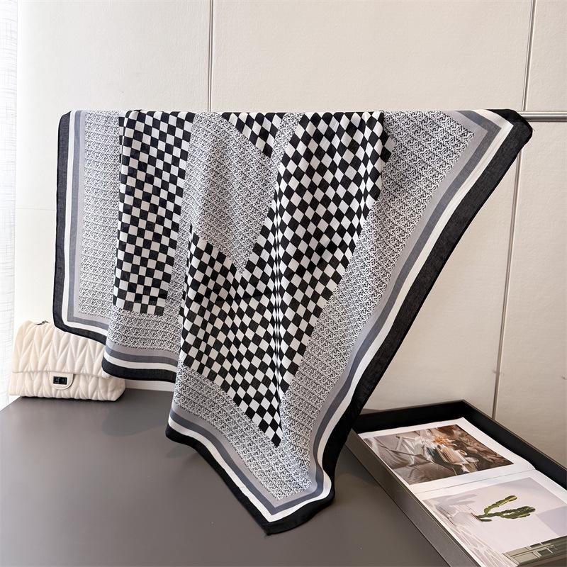 Simple plaid imitation silk large square scarf retro printing commuter shawl neck silk scarf herringbone pattern women's scarf headscarf