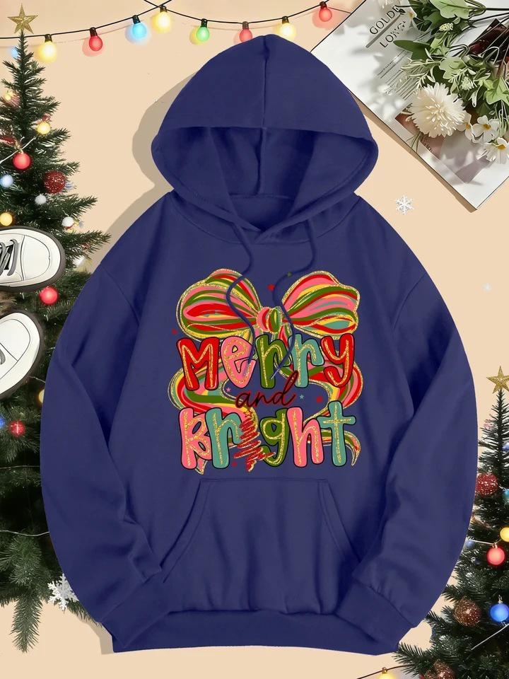 Merry & Bright Bow Print Women's Hoodie - Autumn/Winter Loose Pullover