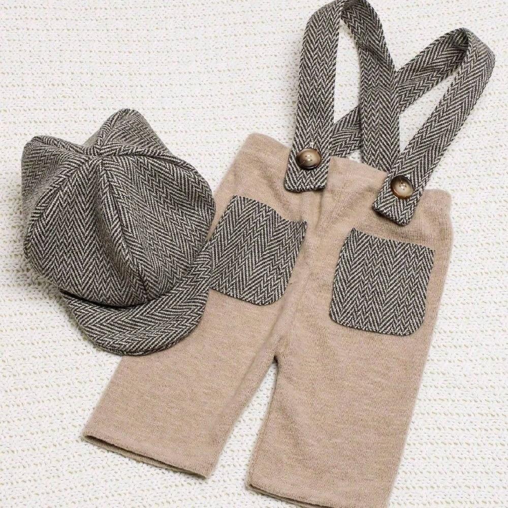 Suspender Romper Newborn Photography Outfit Newsboy Hat Baby Romper Set  Baby Photo Shoot