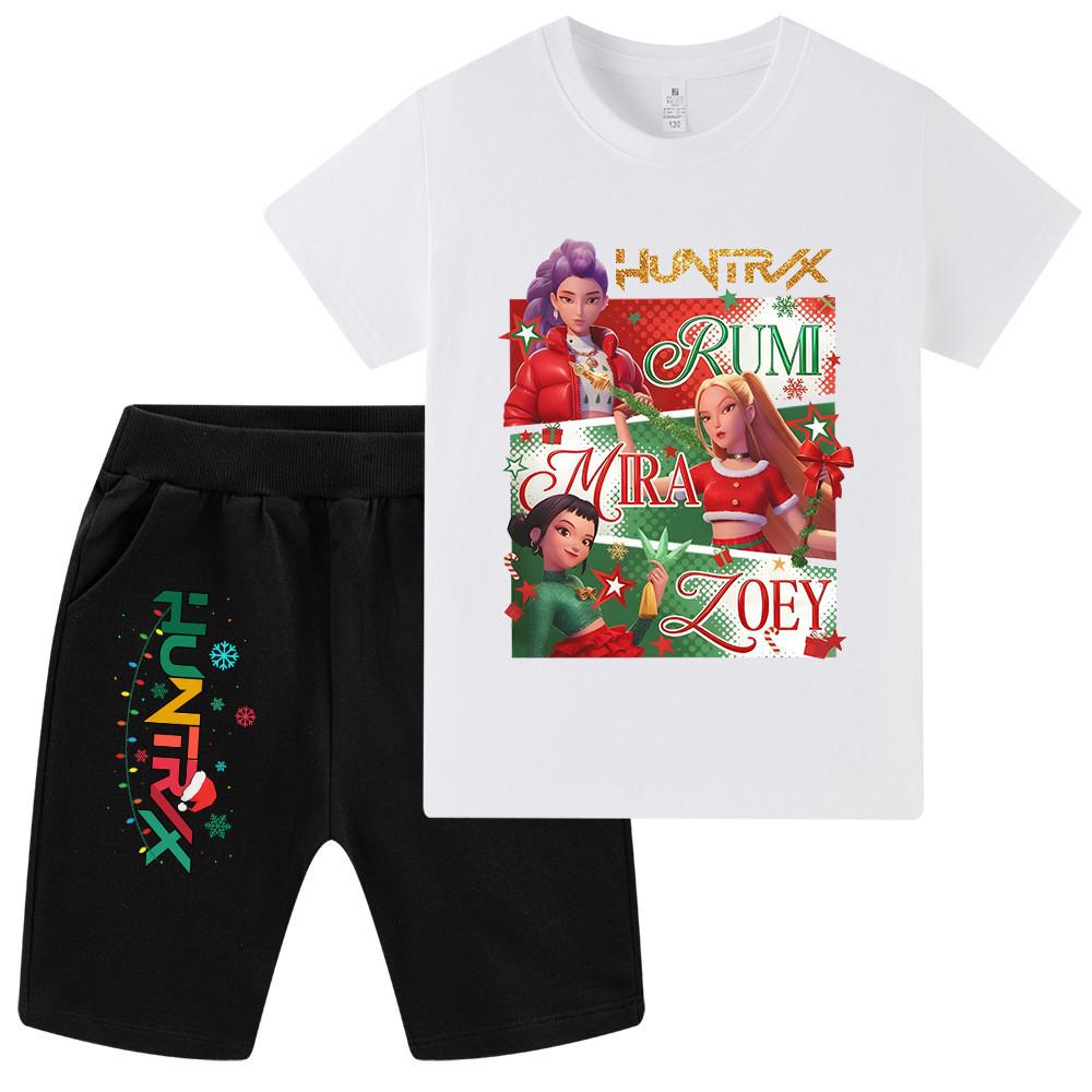 WA1264 Kids Boys Girls Kpop Rumi Zoey Mira Christmas Print Short Sleeves T-shirt Shorts Pants Sets
