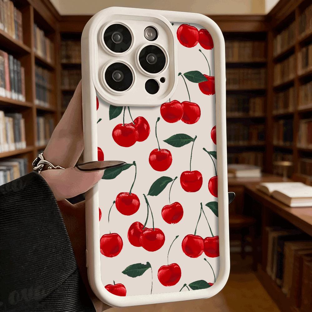 Rote Kirsche mit Blättermuster Handyhülle für iPhone 17 16 15 14 13 12 11 Pro Max Plus Kratzfest, Flexibles Gel Schutzhülle