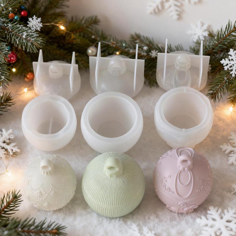 Round Candle Jar Silicone Mold Diy Christmas Ball Relief Storage Box Molds For Concrete Plaster Resin Crafts Home Xmas Decor