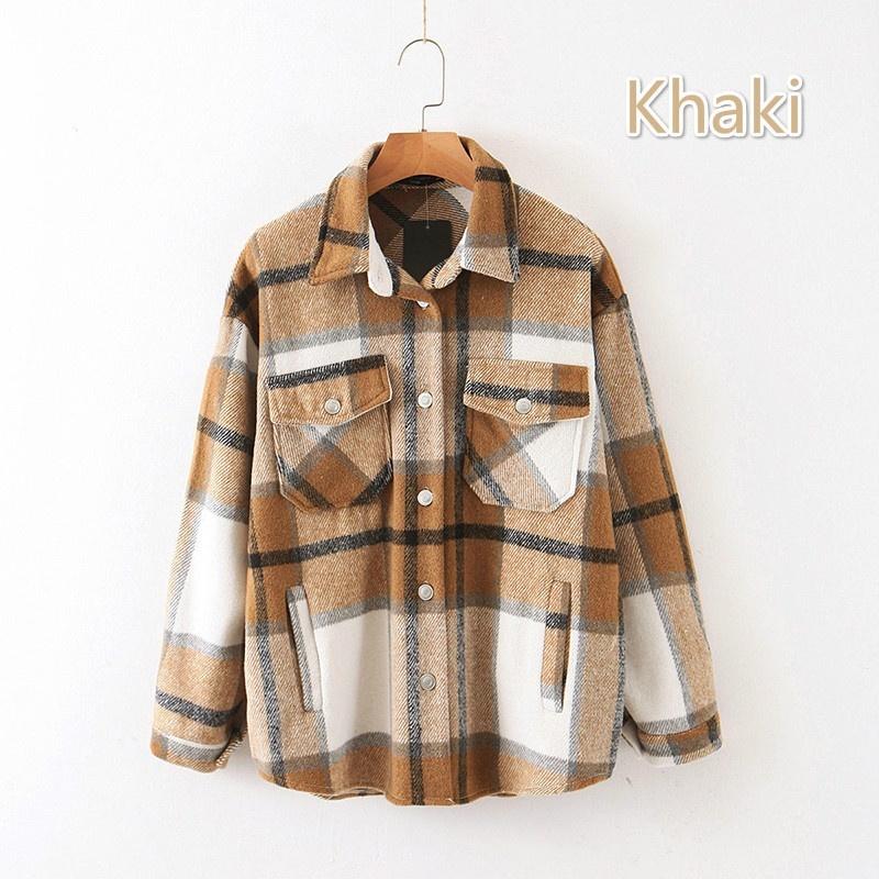 Chaqueta de abrigo a cuadros para mujer, abrigo informal holgado, camisas de lana gruesas de manga larga a la moda para otoño