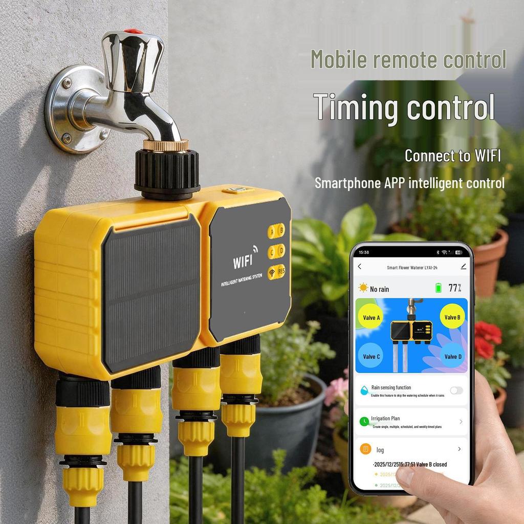 Solarbetriebener intelligenter WiFi-Tropfbewässerungs-Timer: 4-Wege Automatisches Blumenbewässerungssystem