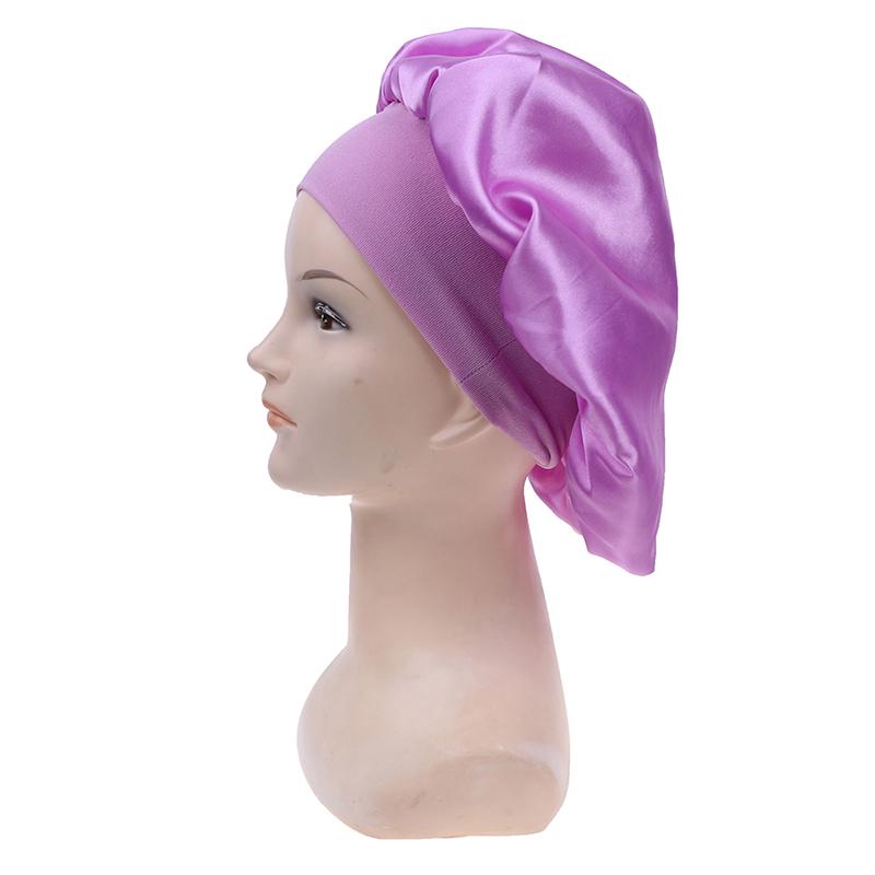 58Cm Solid Color Women Satin Bonnet Cap Night Sleep Hat Adjust Shower Caps
