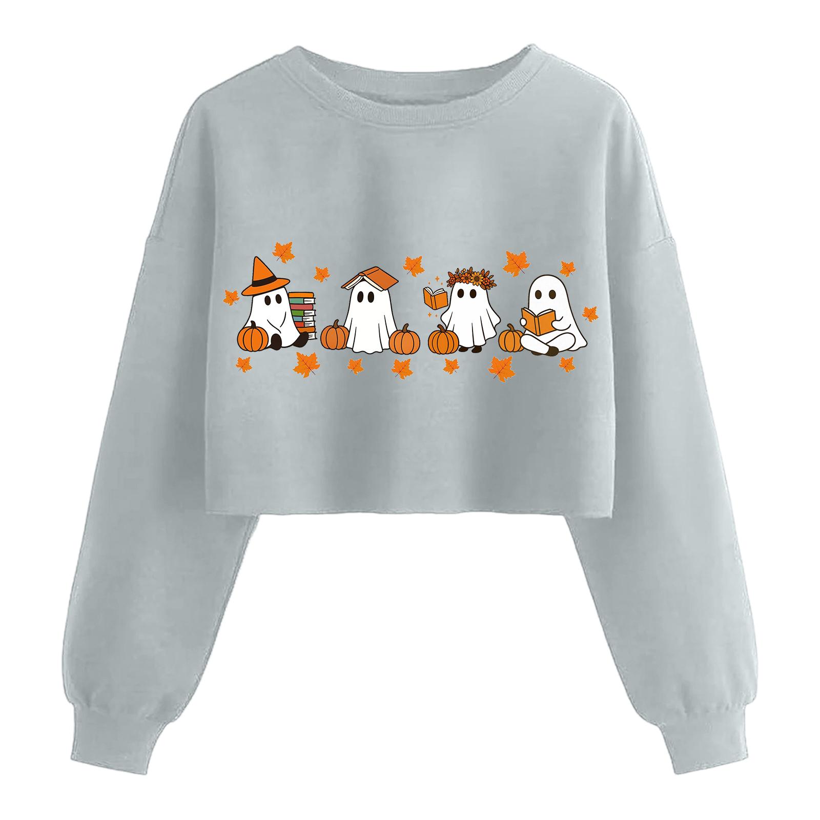 

Женский модный пуловер с длинным рукавом и принтом на Хэллоуин, открывающий живот M