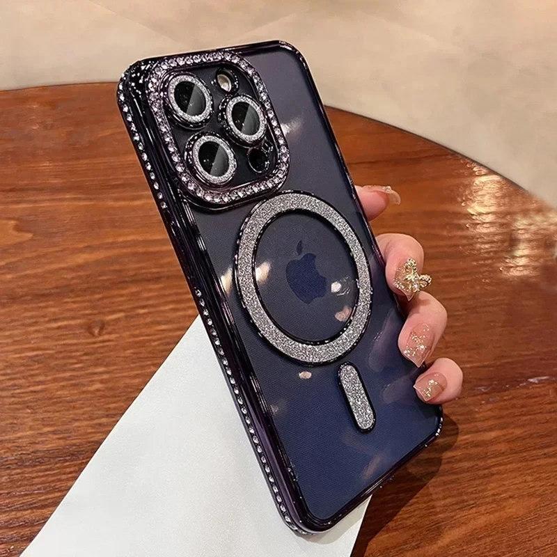 Luxury Diamond Glitter Woman Case For iPhone 15 14 12 11 13 Pro Max Plus For Magsafe Magnetic Wireless Charge Cover Accessories