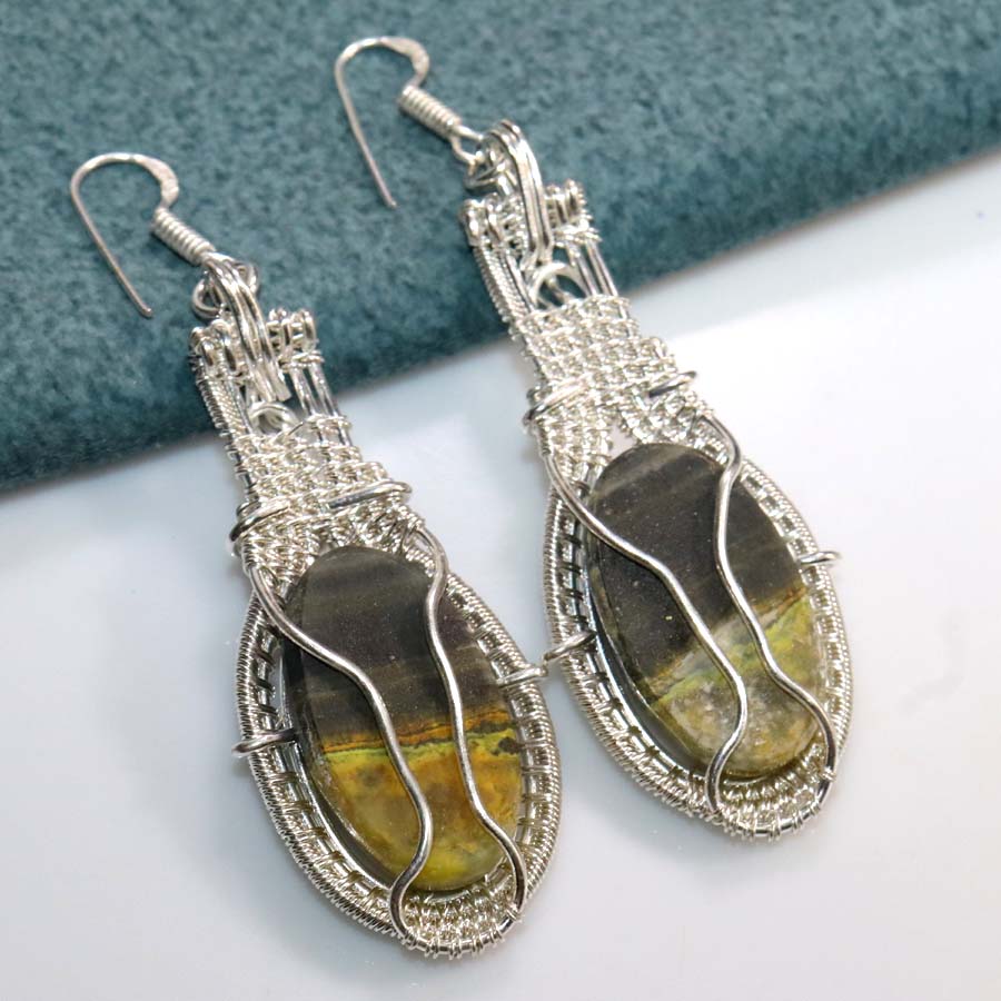 Bumble Bee Jasper Wire-Wrapped Earrings 3" Gemstone Gift Most Beautiful T5n97