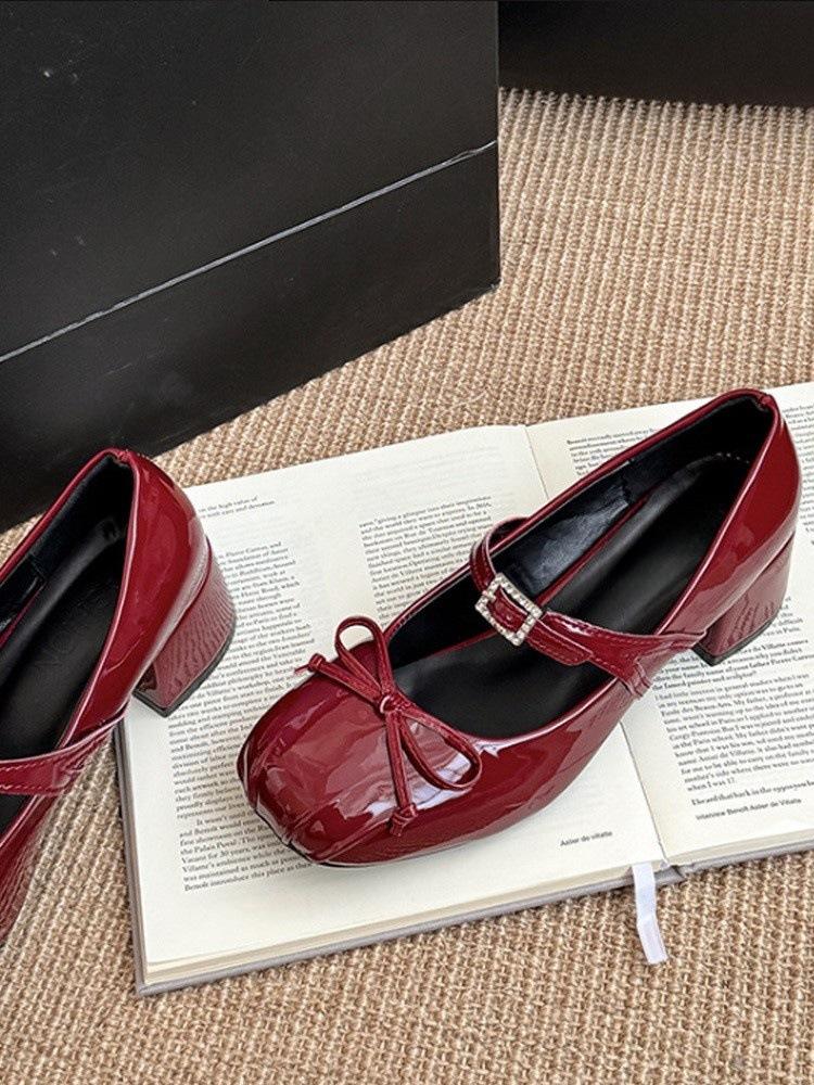 Lolita bow student jk small leather shoes female Mary Jane single shoes with thick heel burgundy