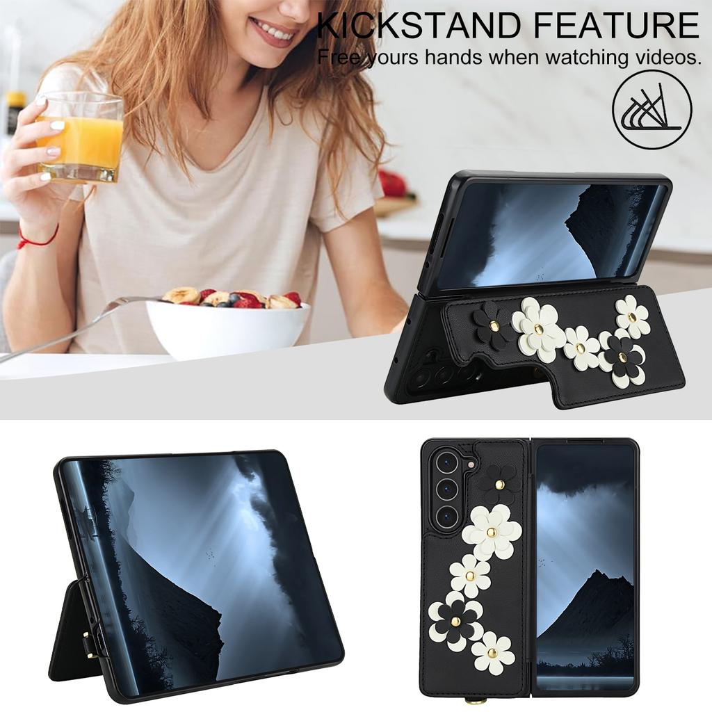 For Samsung Galaxy Z Fold5 5G Case Card Slots Leather Coated TPU Flower Phone Cover with 2 Straps