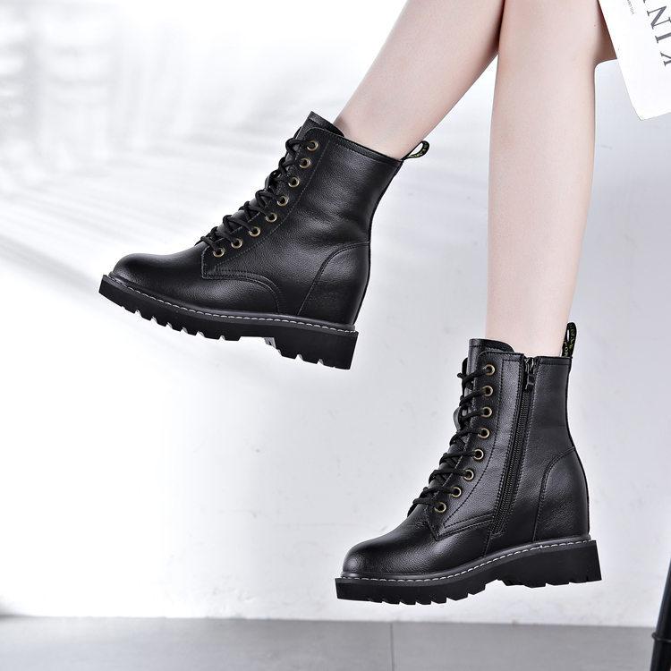 Inner Height Increasing Martin Boots Women's, Spring New, Versatile Thick-bottomed Wedge Heel Short Boots Medium Boots Black Cotton Boots