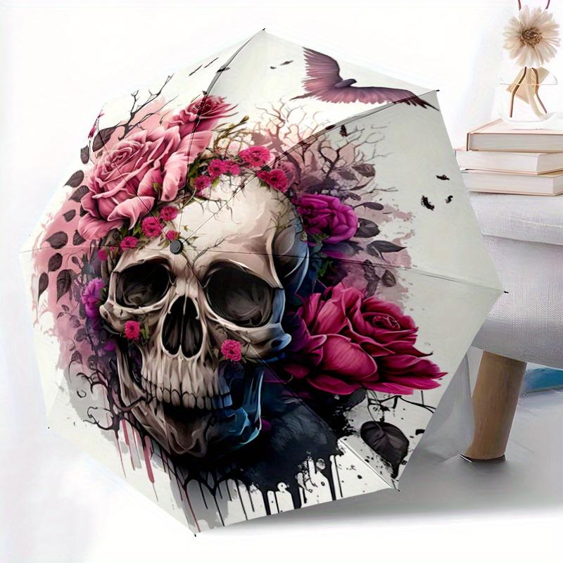 1pc Floral Skull Design Pattern Automatic Umbrella is Fashionable and Good-Looking, Suitable for Travel and Daily UseA014