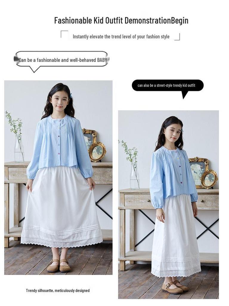 Girls' Autumn Lace Two-Piece Set: Long-Sleeve Top and Skirt for Children