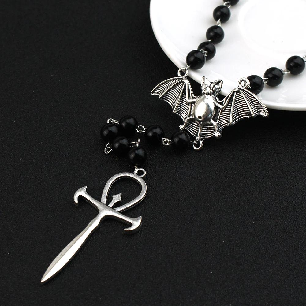 Gothic Bat Cross Rosary Necklace for Women Fashion Mystery Witch Jewelry Accessories Gift Silver Color Bat Charm Vampire Choker