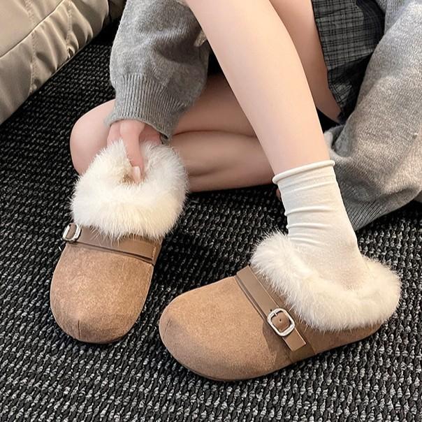 Buckle loose fluffy flanged platform slippers women's 2025 winter retro versatile simple outer wear Doudou shoes cotton shoes