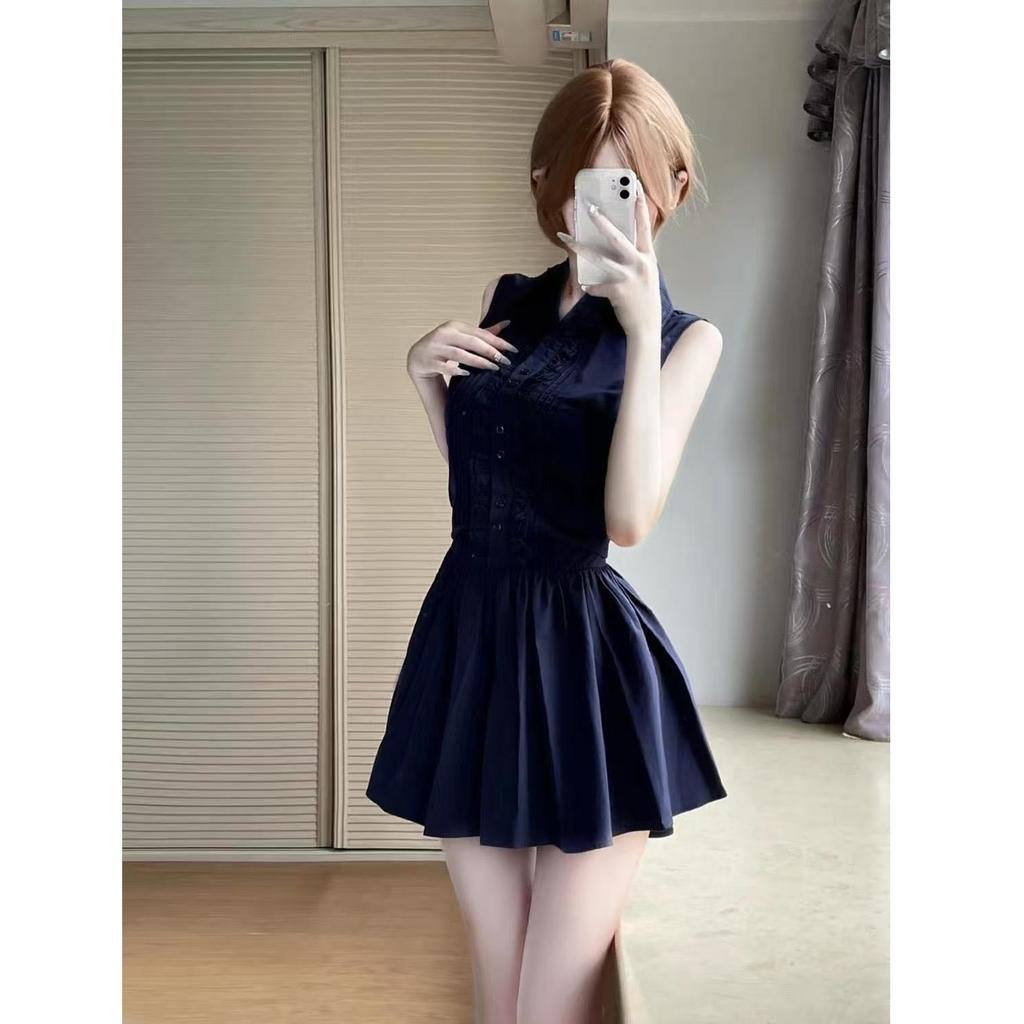 2026 Shirt Shows Temperament White Navy Blue Sleeveless Dress Waist Lace-up Spice Girl Summer Skirt