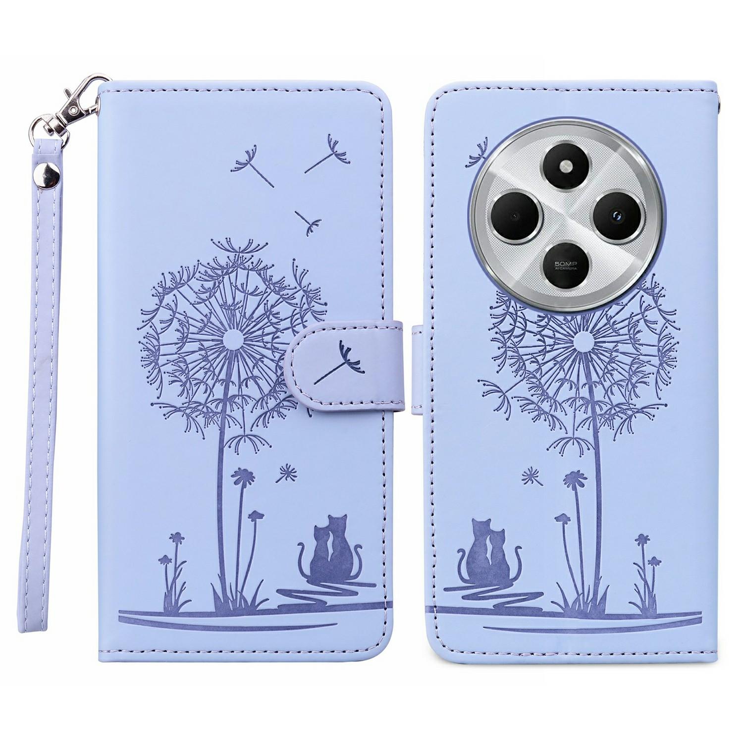 

For Xiaomi Poco C75 4G/Redmi 14R 5G/14C 4G Case Cat Dandelion Imprint PU Leather Wallet Phone Cover with Strap Purple