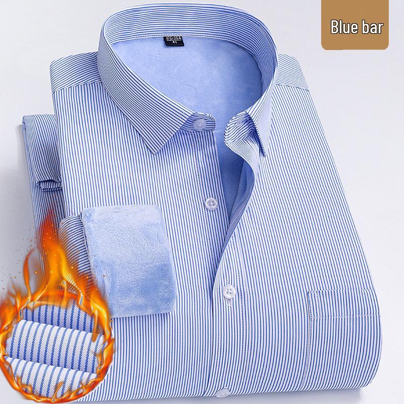 Men's Fleece-Lined Striped & Checkered Business Casual Warm Shirt for Middle-Aged & Elderly