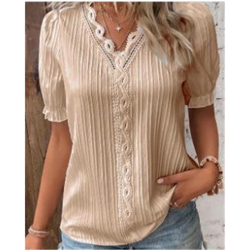 

Women s Summer New Style Vacation Style Hollow Short-sleeved Shirt V-neck Lace Puff Sleeve Large Size Loose Solid Color Top 4XL абрикосовий
