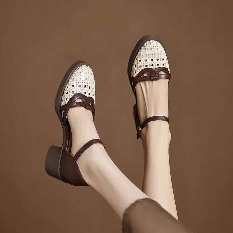 Women's Thick Heel Sandals Real Leather Hollow Cage Summer Eyelet Knot Roman Shoes round Toe Casual EVA Insole Rubber Outsole