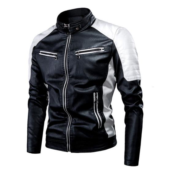 Men Coat Contrast Colors Stand Collar Motor Slim Vintage Classic Faux Leather Jacket for Biker