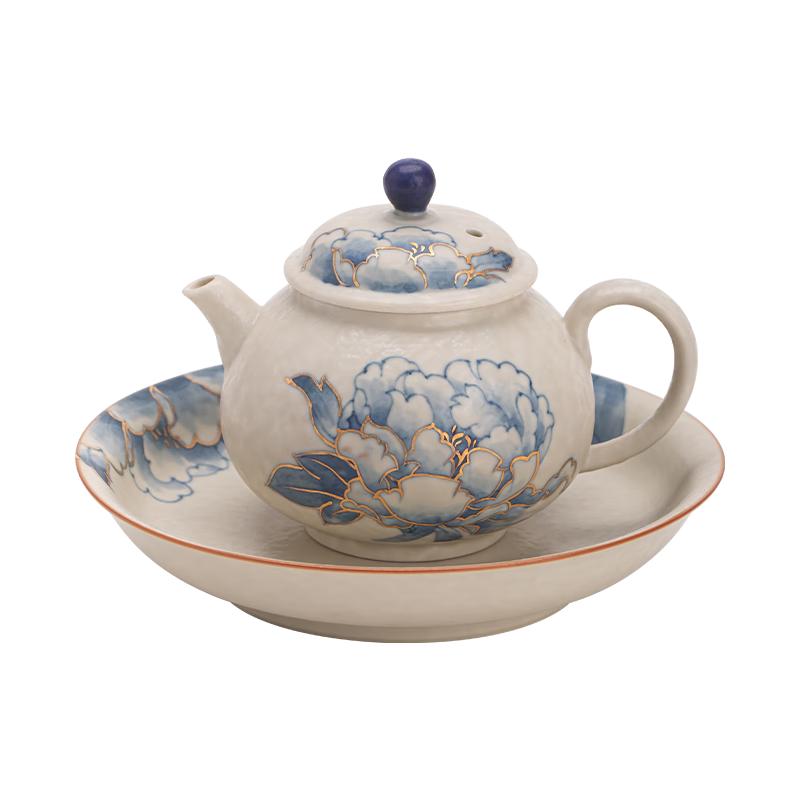 SUSHI CERAMICS Hand-Painted Gold Peony Blue & White Teapot (Flint Red Glaze Gift Set)