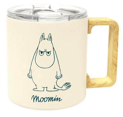 MOOMIN Stainless Steel with Perfect Gift Mug, 350ml, Lid, Double-Walled Vacuum-Sealed, Boxed, (Wooden Handle, Ivory)