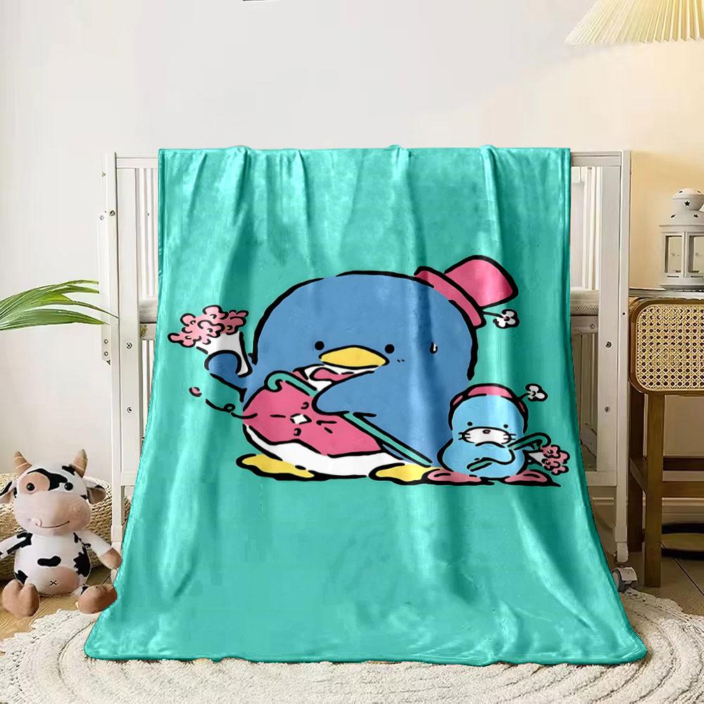 A blue penguin with a pink hat helping a smaller character clean up. for all seasons blanket lunch break throw gift 80cm x 120cm