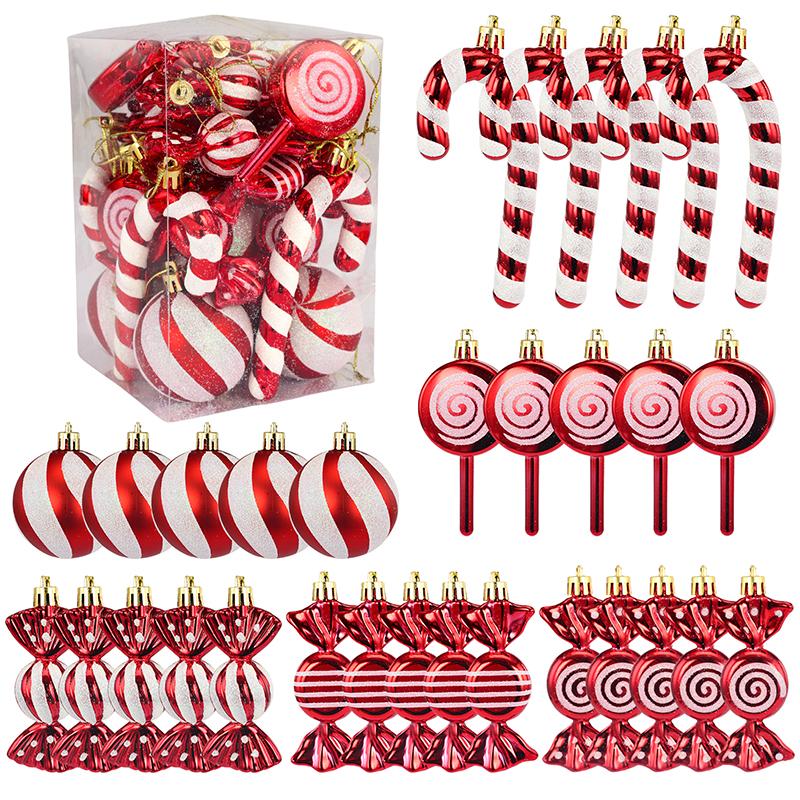 30Pcs Red White Christmas Ball Ornaments Set Plastic Candy Cane Pine Cone Baubles Xmas Tree Hanging Pendant Holiday Decor