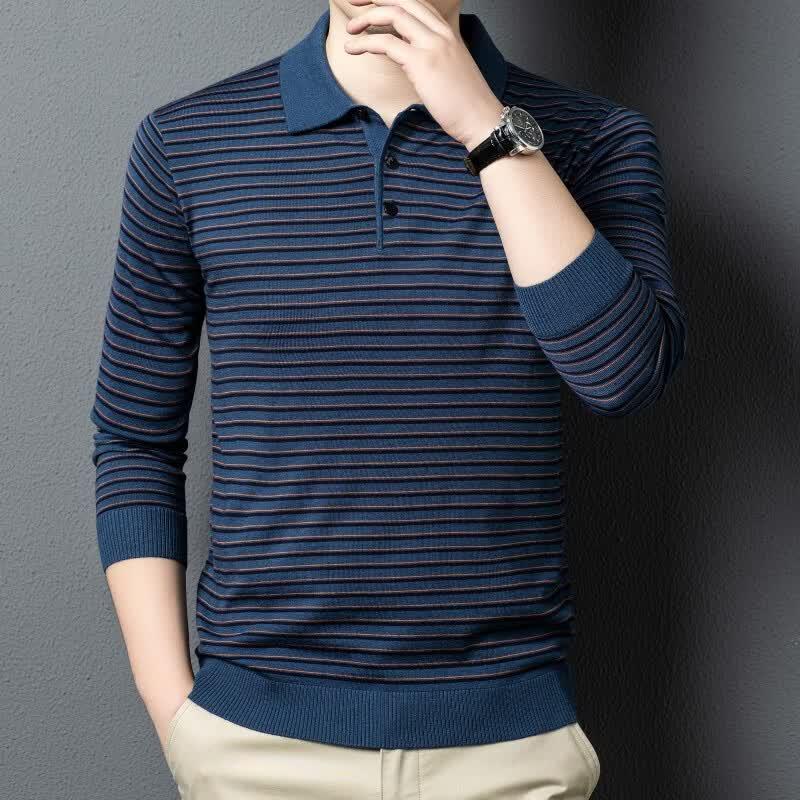 Fengxun Men's Striped Wool Blend Polo Knit Sweater