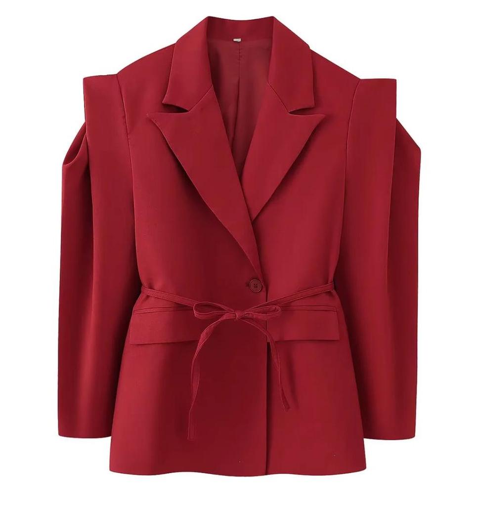 Women's Fashion Padded Shoulder Suit Jacket with Tie-Waist
