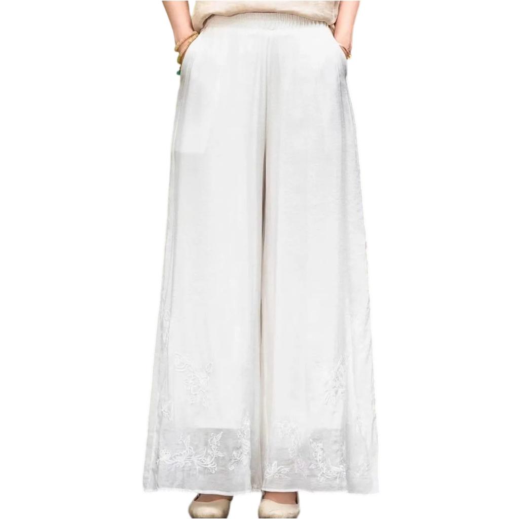 Pantaloni Casual da Donna alla Moda in Cotone e Lino Ricamati a Doppio Strato con Gamba Dritta