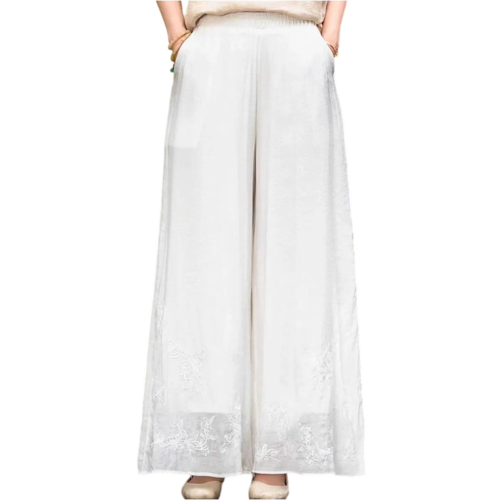 

Fashionable Women s Cotton And Linen Embroidered Double-layer Straight Leg Pants Casual Pants XL білий