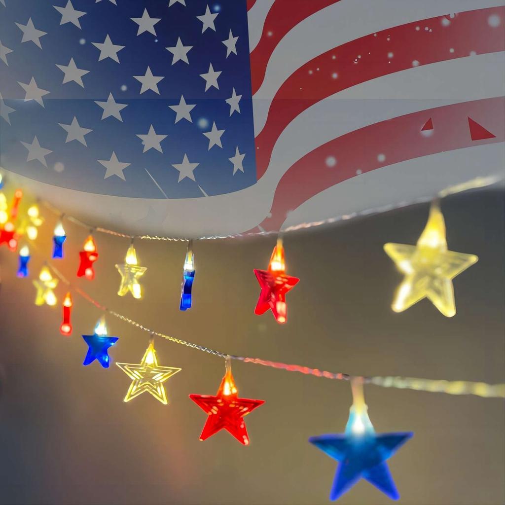 USB Plug-In, Red, White And Blue Three-Color Five-Pointed Star Decorative Lamp LED American Independence Day Light String