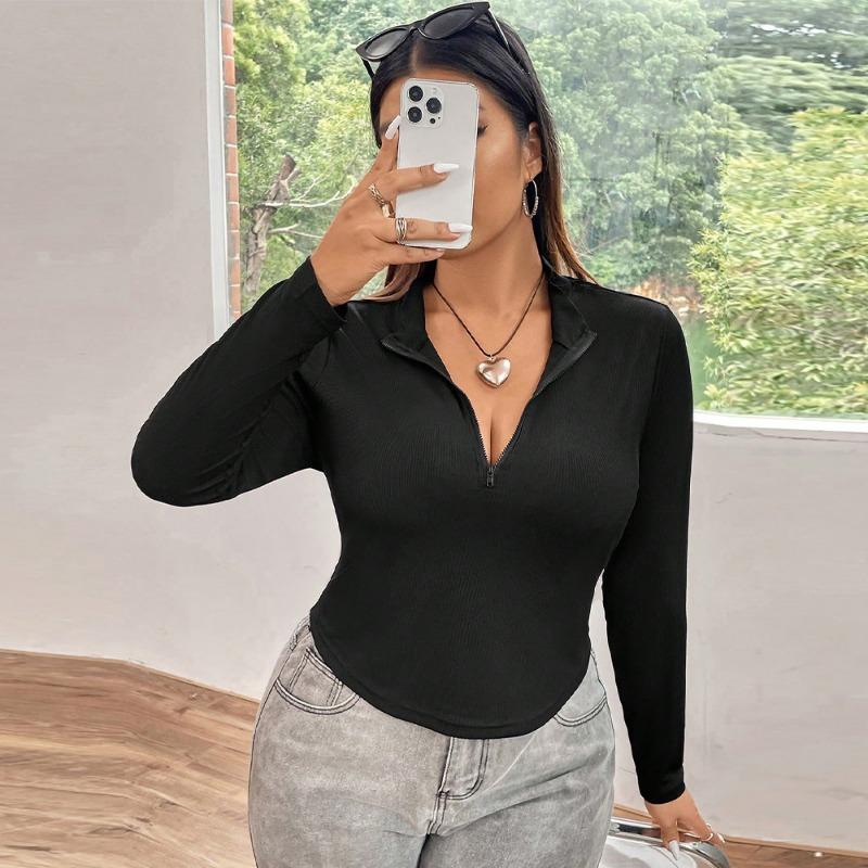 Plus Size Women Solid Color Zipper Long Sleeve Slim Fit Cropped T Shirt