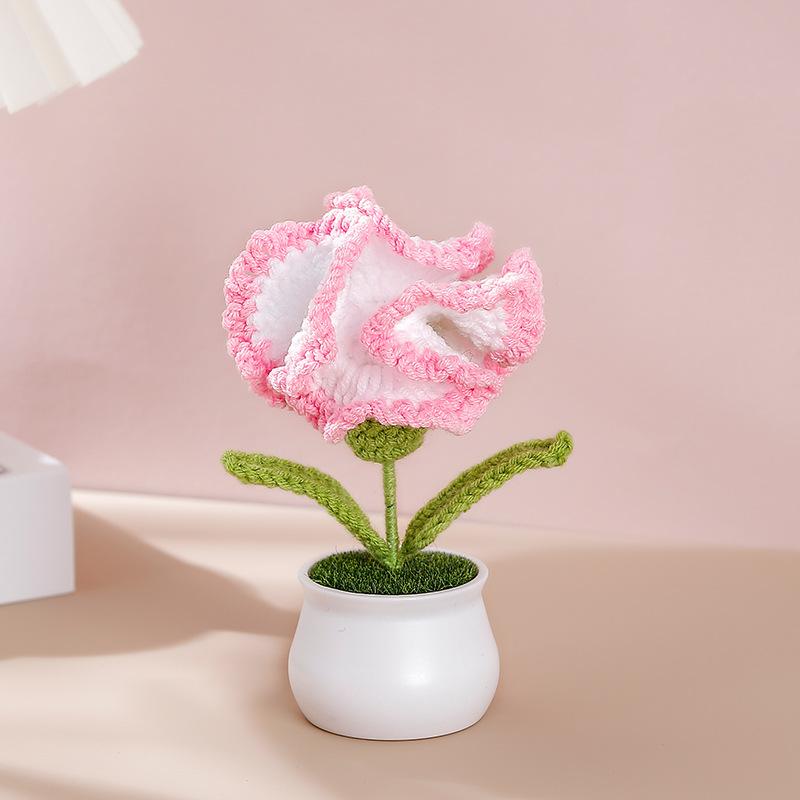 Crochet Flower Carnation Artificial Flower Potted Desktop Office Home Decor Wedding Mother's Day Graduation Birthday Gifts