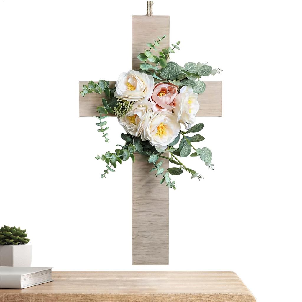 2026 Easter Cross Simulation Flower Decoration Cross Symbol Easter Wreath Easter Religious Long-Lasting 3D Floral Wreath