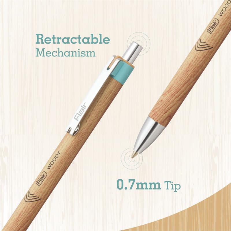Flair Woody Cliq 0.7mm Retractable Ball Pen Blue Ink Pack Of 1 x 5 pens Smooth Writing Pens For Office School And Daily Use