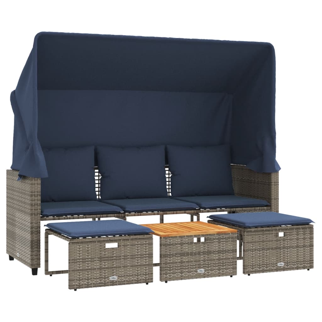 3-Sitzer Gartensofa mit Baldachin und Fußhockern Graues Poly-Rattan