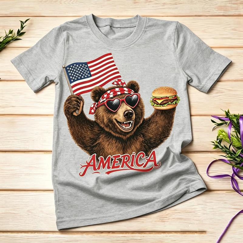 American Flag Bear Burger Graphic TShirt for Unisex Unisex 100 Cotton Casual Summer Streetwear Gift