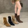 2025 Spring and Autumn Pointed Thick Heel Rivet Belt Buckle Two Wear Fashion Boots Retro Suede Fashion Cowboy Martin Boots