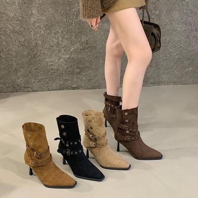 2025 Spring and Autumn Pointed Thick Heel Rivet Belt Buckle Two Wear Fashion Boots Retro Suede Fashion Cowboy Martin Boots