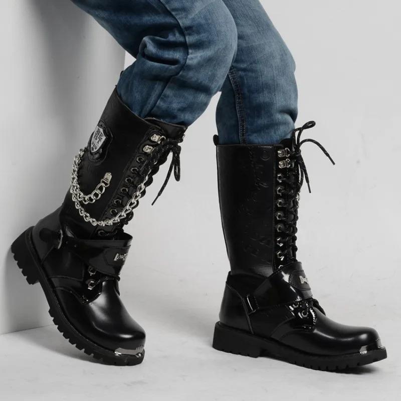 Men Boots High Quality Casual Leather Boots Fashion Men Motorcycle Booties Chain Design Mid-Calf Boots For Men Botas Para Hombre