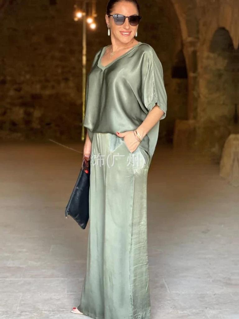 Women's Two Piece Set Pants Spring/Autumn Satin Loose V-Neck Casual Top Wide Leg Pants Fashion Set